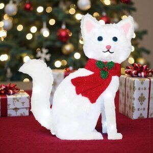 Holiday Living 22-in LED Tinsel Snow White Cat Christmas Decor Cool White Lights